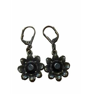 Cookie Lee Earrings Flower Antiqued Gold Tone Black Center Dangle Floral